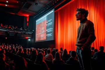 Engaging audience member speaks passionately during cinematic presentation in a dimly lit theater setting