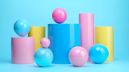 Pastel Play: A whimsical arrangement of glossy spheres and cylinders in soft pastel hues against a vibrant blue background.