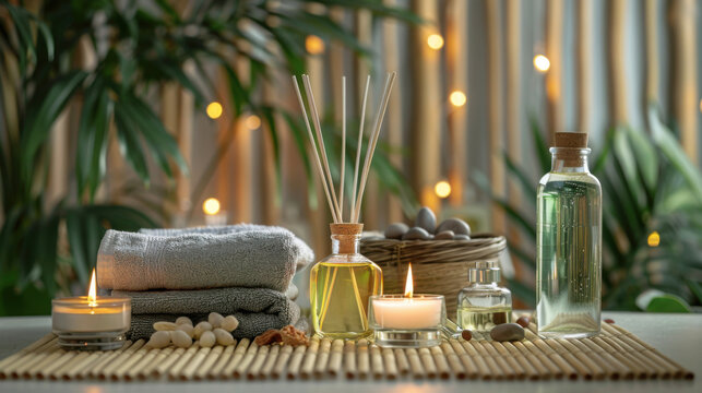 Tranquil spa setup with towels oils candles and greenery perfect for wellness branding beauty blogs or relaxation visuals