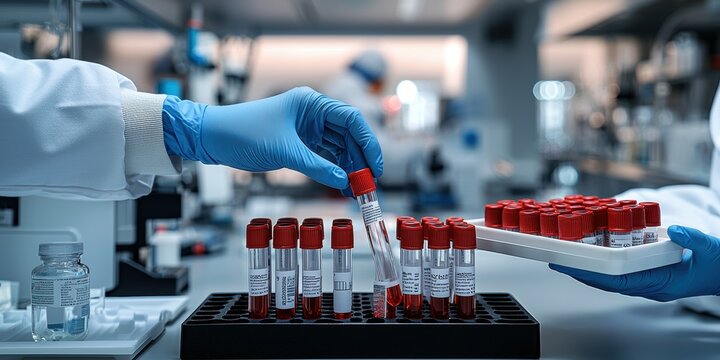 Medical lab technician handling blood samples in a research laboratory.