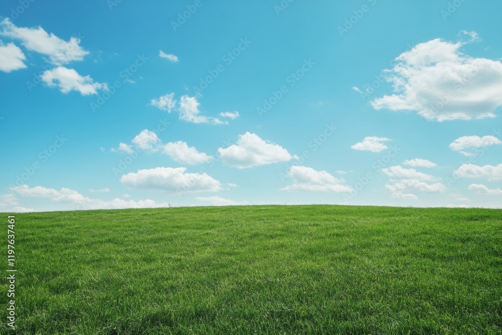 Leinwandbilder Vast green field under bright blue sky with fluffy clouds creating an inviting open space for creative text. Generative AI