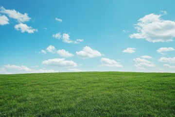 Fototapeta premium Vast green field under bright blue sky with fluffy clouds creating an inviting open space for creative text. Generative AI