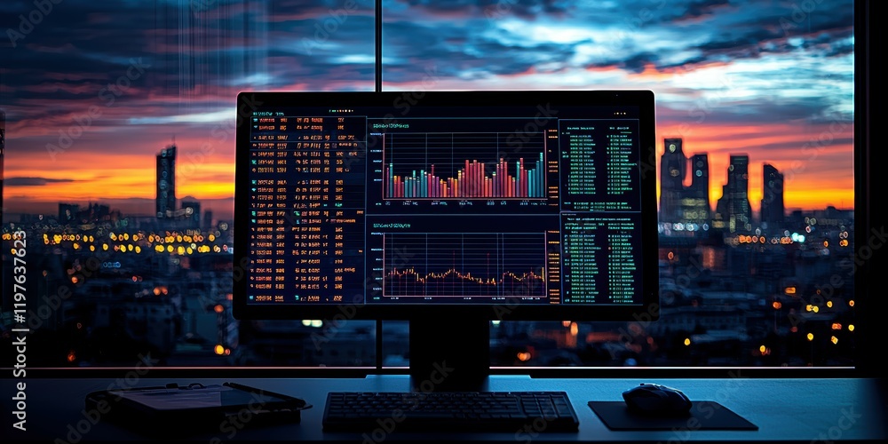Poster a sleek desktop monitor displaying financial graphs and data against a sunset skyline.