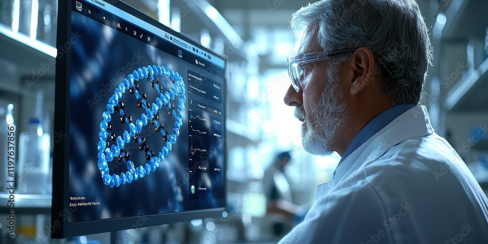Poster senior male scientist analyzing molecular data on a computer in a laboratory setting.