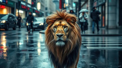A surreal depiction of a majestic lion confidently walking on a wet city street, surrounded by cars, pedestrians, and urban lights.  
