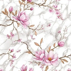 Fototapeta premium Floral pattern with pink flowers on a marble background.