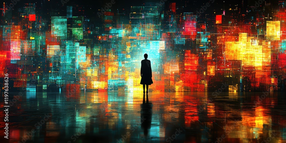 Aufkleber silhouette of a person against a vibrant, abstract digital background with colorful patterns.