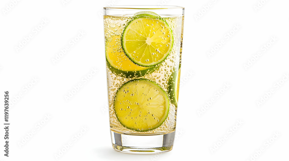 Poster a tall glass of sparkling lemonade with visible bubbles, lime slices floating and subtle condensatio