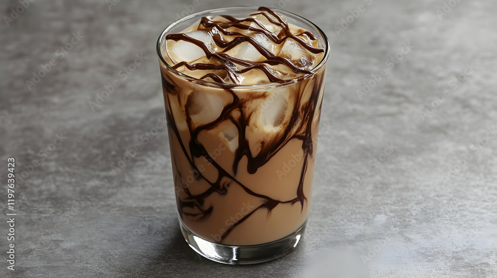 Poster a transparent glass filled with iced mocha with visible chocolate swirls, no additional objects, pla