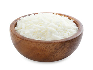 Soy wax in wooden bowl isolated on white