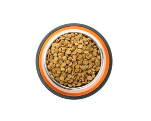 Dry pet food granules in feeding bowl isolated on white, top view