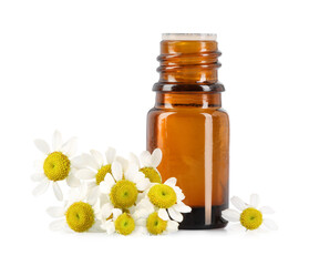 Bottle of essential oil and chamomile flowers isolated on white