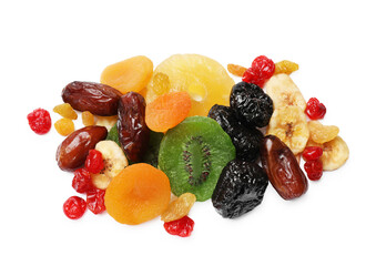 Mix of different dried fruits isolated on white, top view