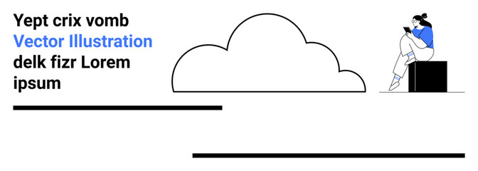 Woman reading a book while seated on a block, accompanied by black text and cloud outline. Ideal for education, online learning, cloud technology, reading, contemplation, relaxation, and marketing