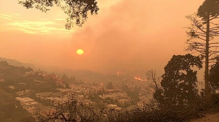 dramatic sunset over a city engulfed in wildfire smoke, with buildings barely visible through the haze. Wildfires in North America 