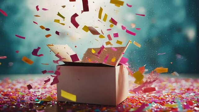An open cardboard box explodes with colorful confetti, scattering across a confetti-covered surface, conveying surprise and celebration.
