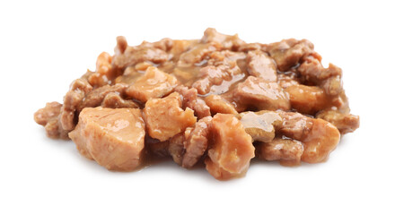 Pieces of wet pet food isolated on white