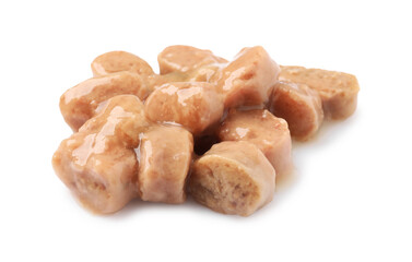 Pieces of wet pet food isolated on white