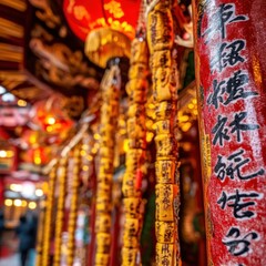 Colorful traditional decorations with Chinese characters on display.
