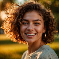 Cheerful young woman, glowing smile, natural setting, golden hour light, copy space