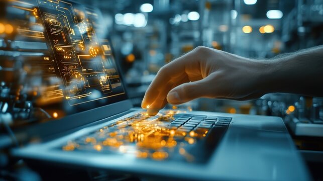 Fingers poised over a backlit keyboard with a laptop screen glowing revealing an engaging layout of online modules for new technology training surrounded by a blurred factory environment
