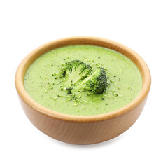 Delicious broccoli cream soup in bowl isolated on white