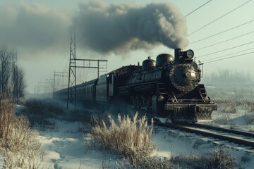 Fototapeta premium Train arriving at snowy tracks