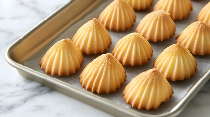 A tray of perfectly shaped madeleines with golden crusts, placed in a fan arrangement on a marble surface