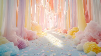 Pastel-colored fabric drapes create a dreamy, whimsical pathway lined with fluffy, cotton candy-like clouds and confetti.