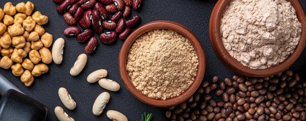 Artistic flat lay of various beans and protein powder on dark surface