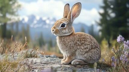 Fototapeta premium Mountain Wild Rabbit Serene Meadow Portrait