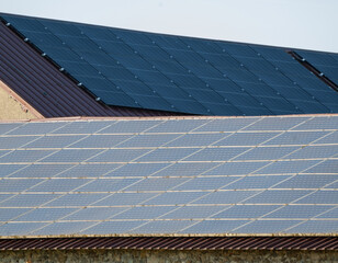 panneaux photovoltaïques en comparaison de générations, posés sur des hangars agricoles, production d'énergie verte écologique avec l'énergie solaire