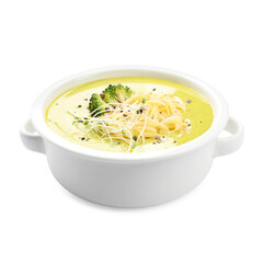 Delicious broccoli cream soup in bowl isolated on white