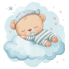 Sleeping teddy bear on a cloud, stars background, nursery art