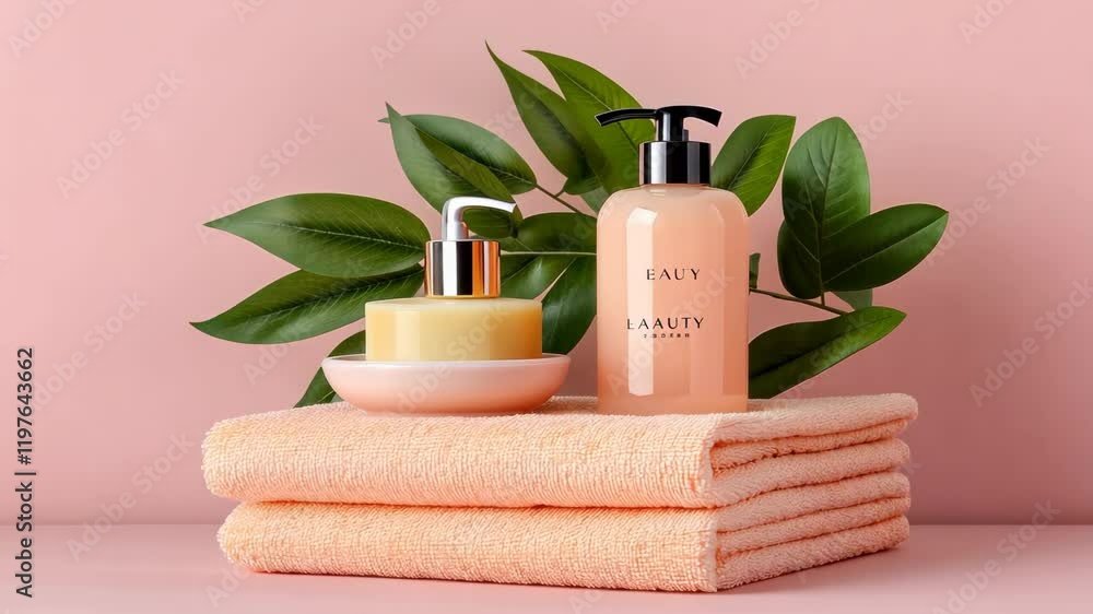 Poster a calming spa arrangement features a bottle of lotion and a bar of natural soap on a soft orange tow