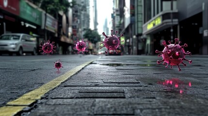 Obraz premium virus and biohazard concept. Empty street with floating virus-like spheres in a surreal urban setting.