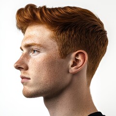 Fototapeta premium Side profile of a young man with red hair and freckles, displaying a confident expression and sharp features against a clean white background