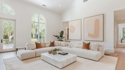 Modern living room with large sectional sofa, minimalist decor, and natural light. space features neutral colors, abstract art, and indoor plants, creating serene atmosphere