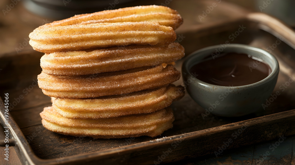 Poster neatly stacked cinnamon-sugar churros placed on a rustic tray with a small bowl of chocolate dipping