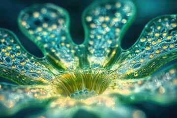 Microscopic view of a vibrant, bioluminescent aquatic organism, showcasing intricate details and glowing textures. - obrazy, fototapety, plakaty