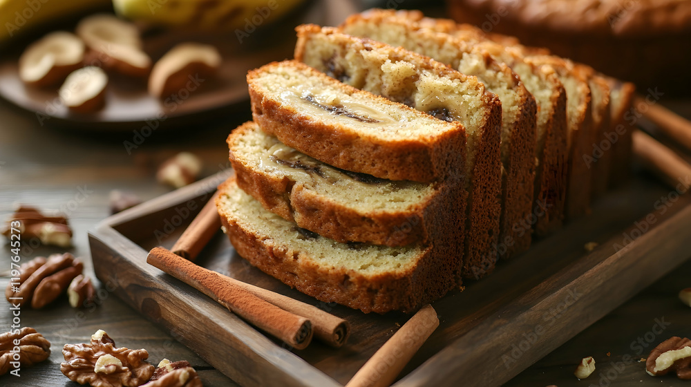 Poster warm banana bread slices stacked in a neat row on a wooden tray, surrounded by scattered nuts and ci