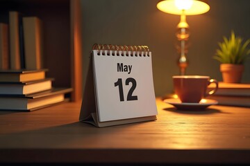 A calendar page flipping to May 12, set in a cozy desk scene.