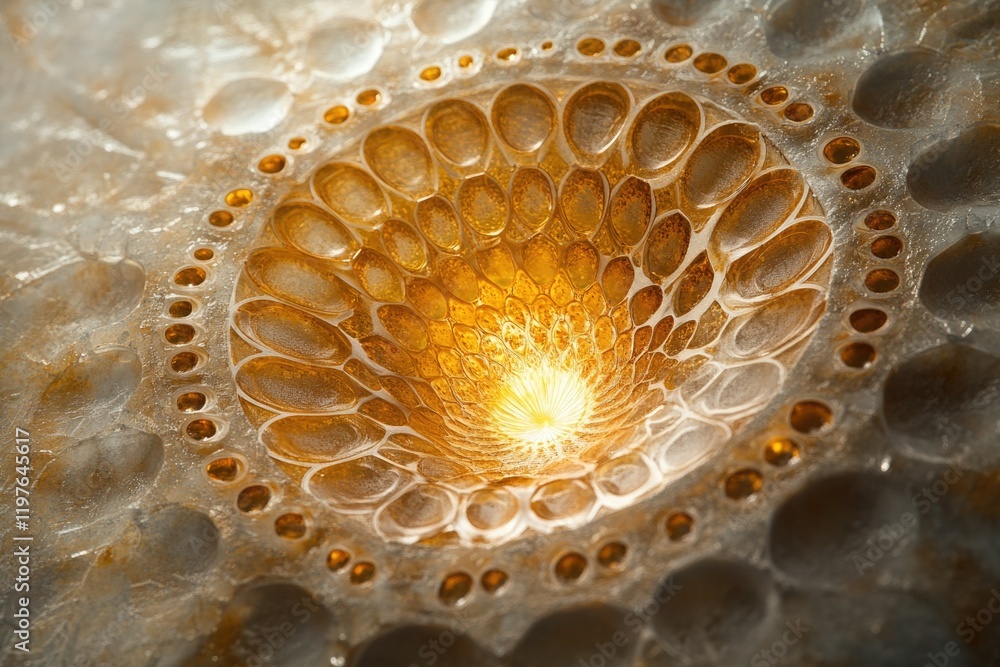 Poster intricate golden pattern radiating from a central point, creating a mesmerizing, almost fractal-like