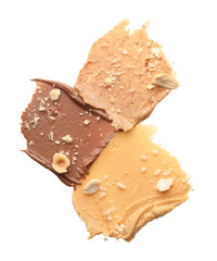 Different nut butters and nuts isolated on white, top view