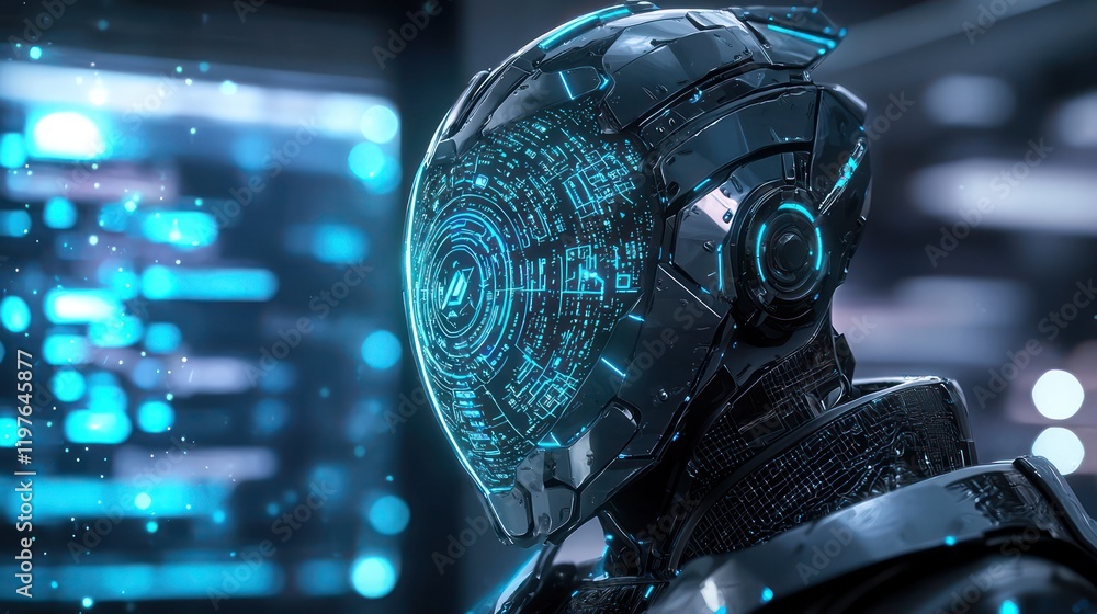Aufkleber futuristic robot with a glowing blue helmet analyzes code on a computer screen. sci-fi concept art.