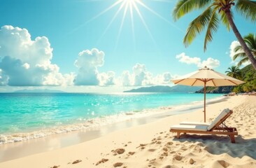 Fototapeta premium Sea, beach, sand and blue sky. Time to travel.