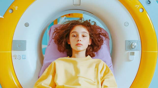 young girl with curly hair lies inside medical imaging machine, looking calm and contemplative. bright colors of room create soothing atmosphere - Powered by Adobe