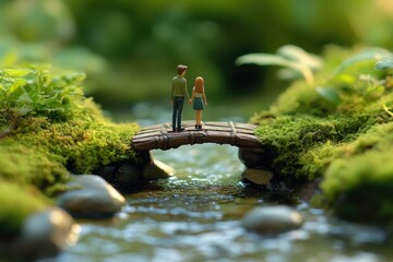 Couple miniature figures holding hands on a wooden bridge over a mossy stream.