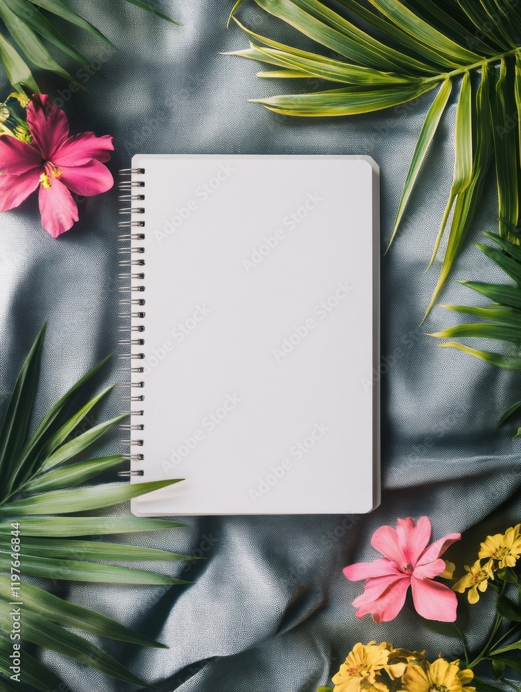 Aufkleber blank notepad surrounded by vibrant flowers and lush leaves on soft fabric surface. generative ai