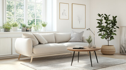 modern living room featuring light colored sofa, wooden coffee table, and indoor plants. bright space is enhanced by natural light and minimalistic decor
